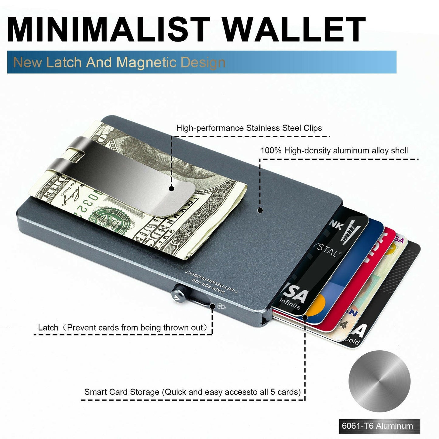 Minimalist Pop up Wallet with Money Clip, All Aluminum Slide Rfid Slim Card Holder.