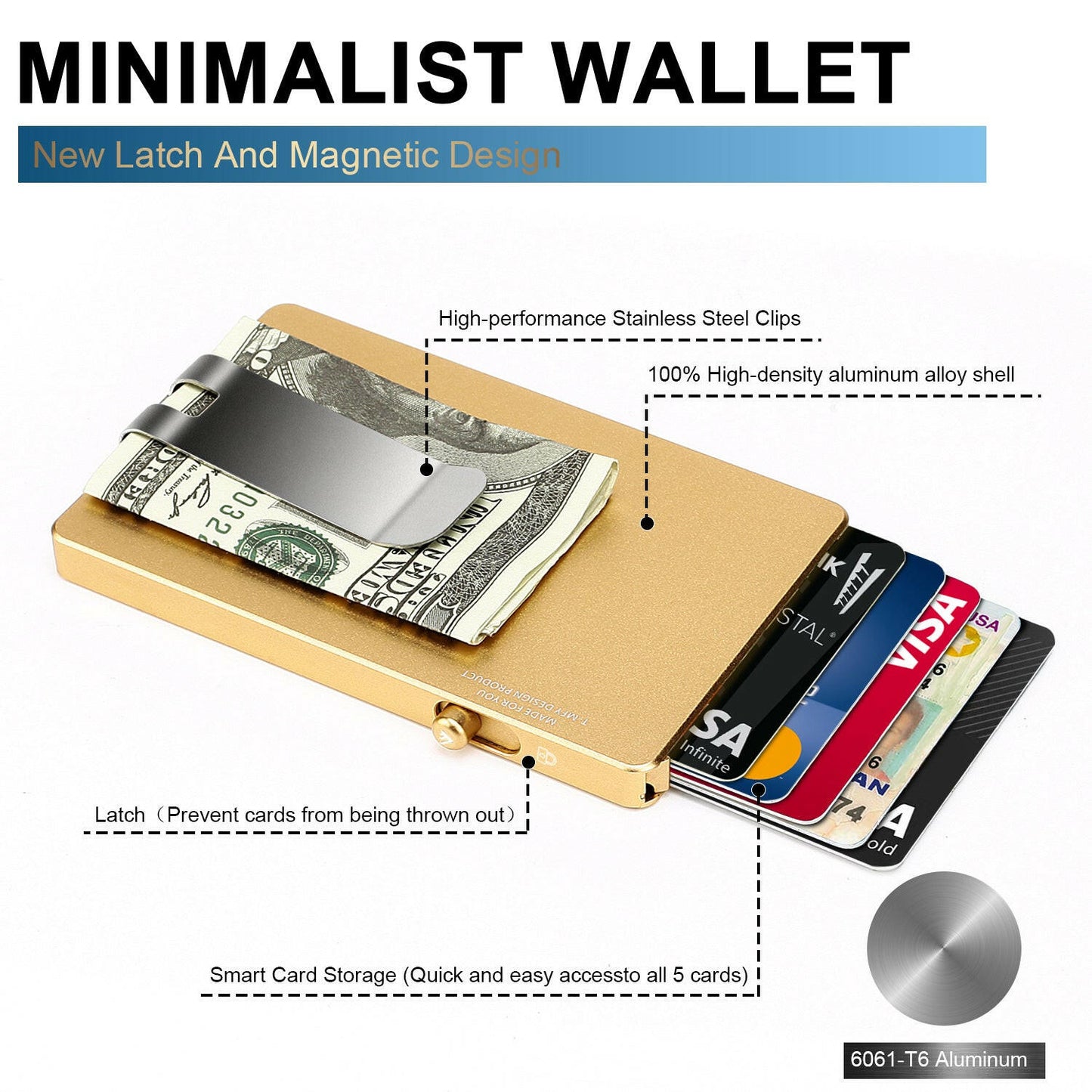 Minimalist Pop up Wallet with Money Clip, All Aluminum Slide Rfid Slim Card Holder.