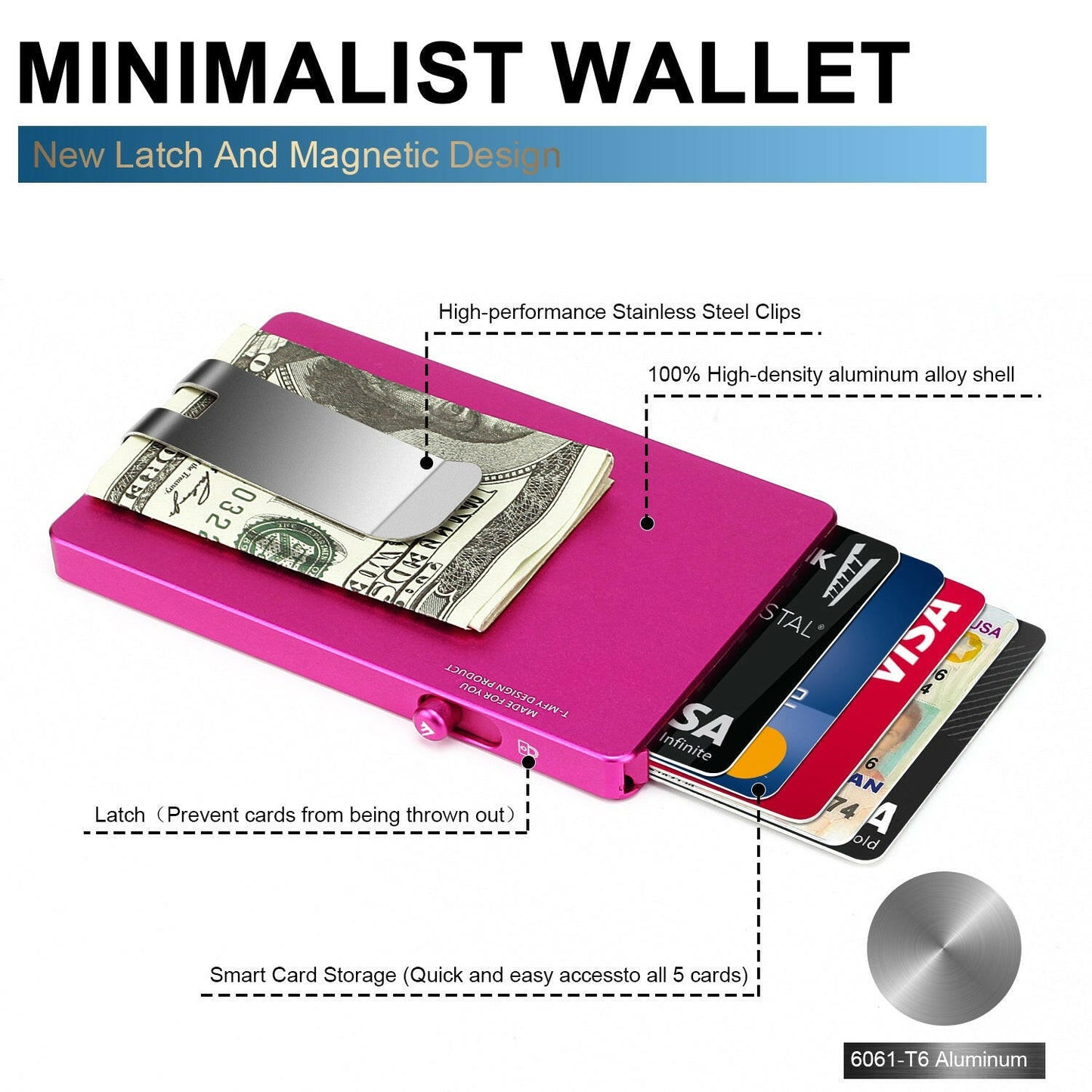 Minimalist Pop up Wallet with Money Clip, All Aluminum Slide Rfid Slim Card Holder.