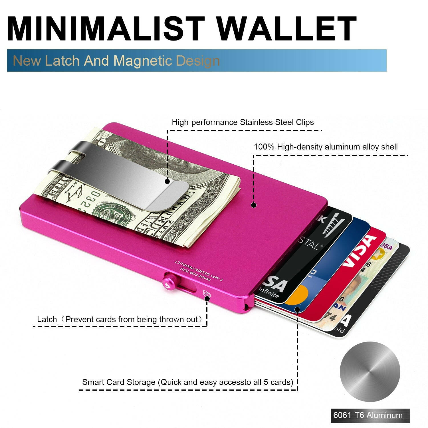 Minimalist Pop up Wallet with Money Clip, All Aluminum Slide Rfid Slim Card Holder.