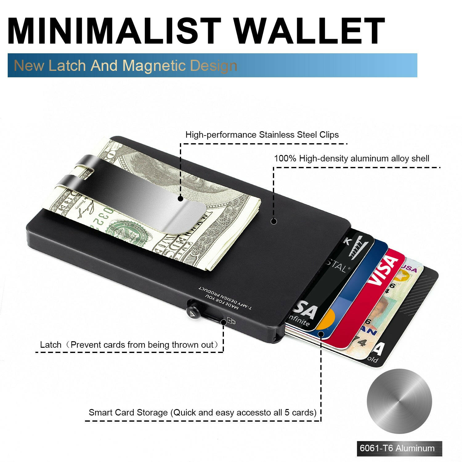 Minimalist Pop up Wallet with Money Clip, All Aluminum Slide Rfid Slim Card Holder.