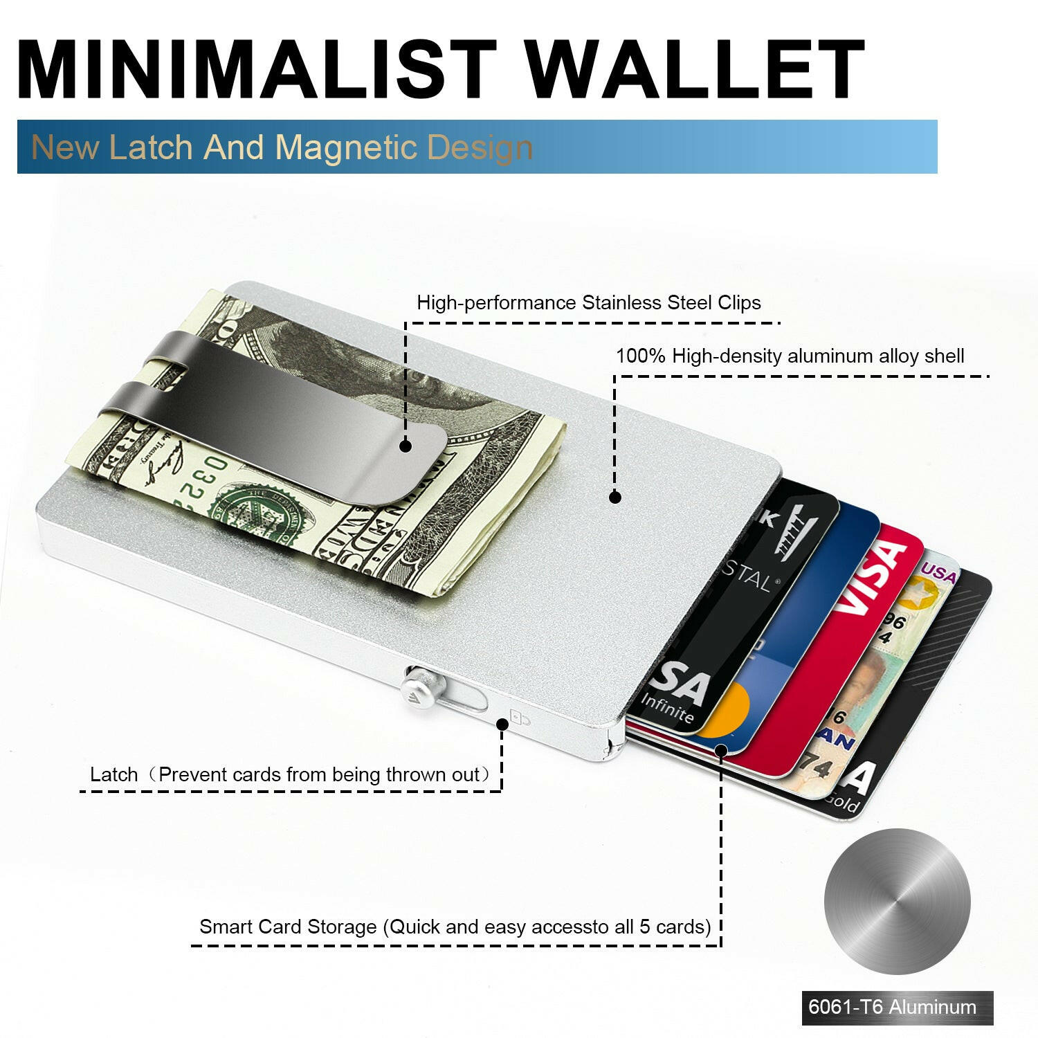 Minimalist Pop up Wallet with Money Clip, All Aluminum Slide Rfid Slim Card Holder.