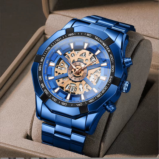 2024 Mens Watches Top Brand Luxury Stainless Steel Waterproof Hollow Out Blue Big Male Wristwatches Relogio Masculino