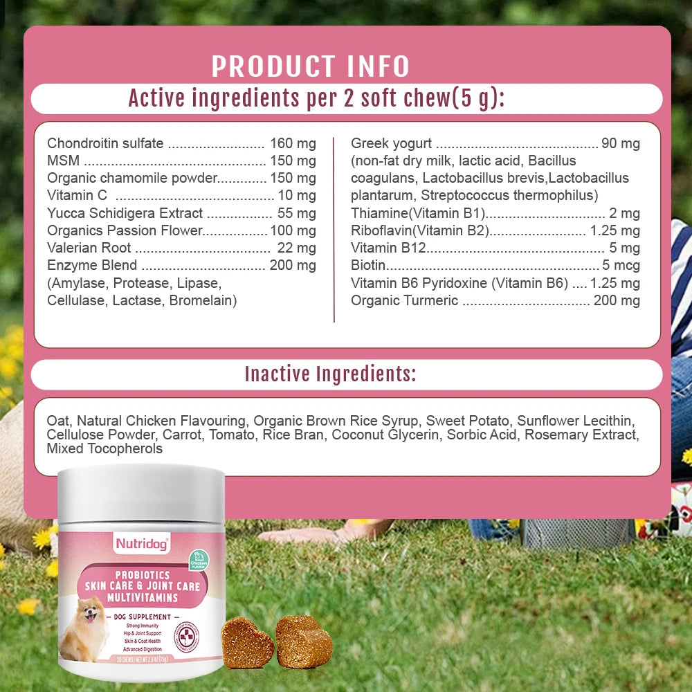 Multivitamin Chews for Dogs with Probiotics Glucosamine&Digestive Enzymes Supports Joint Health Immune System&Gut.