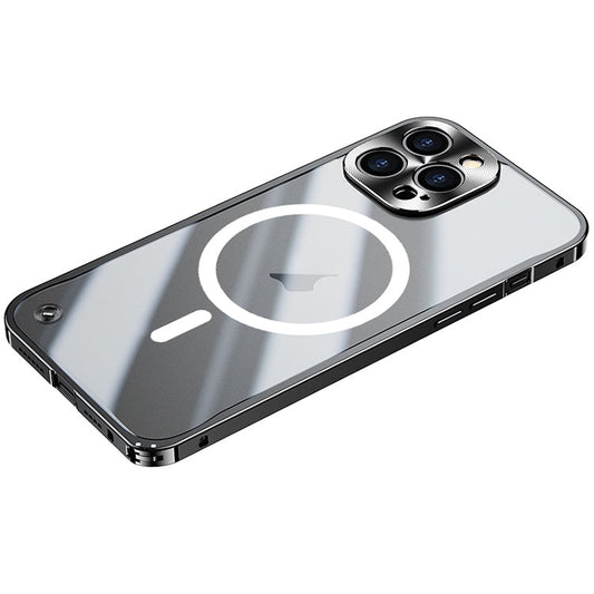 For iPhone 15 Pro Max Metal Frame Frosted PC Shockproof MagSafe Case(Black)