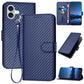 YX0070 Carbon Fiber Buckle Leather Phone Case with Lanyard, For iPhone 16 Pro, For iPhone 16 Plus, For iPhone 16