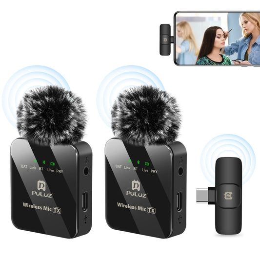 PULUZ Wireless Lavalier Microphone for Type-C Phone, Type-C Receiver and Dual Microphones (Black)