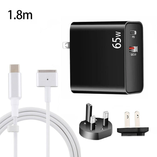 PD-65W USB-C / Type-C + QC3. 0 USB Laptop Charging Adapter + 1.8m USB-C / Type-C to MagSafe 2 / T Head Data Cable, UK Plug / US Plug(Black)