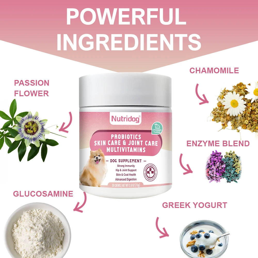Multivitamin Chews for Dogs with Probiotics Glucosamine&Digestive Enzymes Supports Joint Health Immune System&Gut.